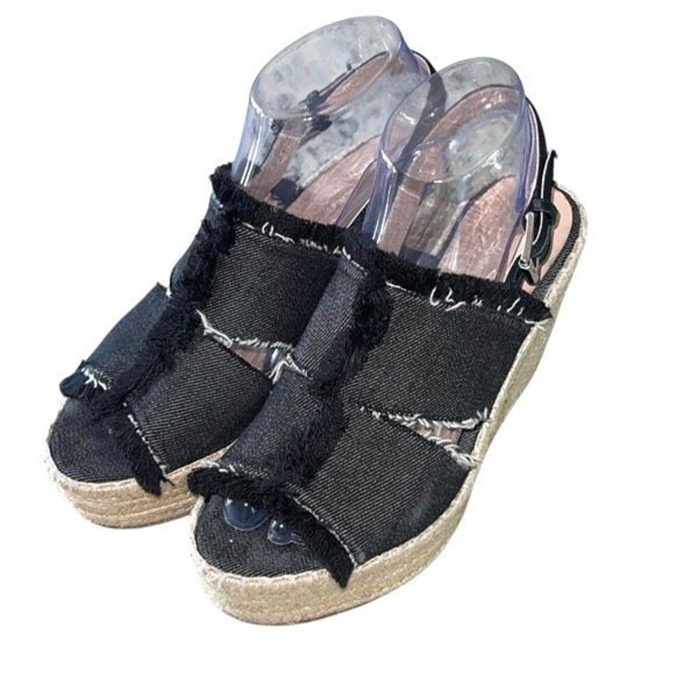 Barneys New York Womens Fringe Denim Wedge Espadrille Sandals‎ Black Size 37